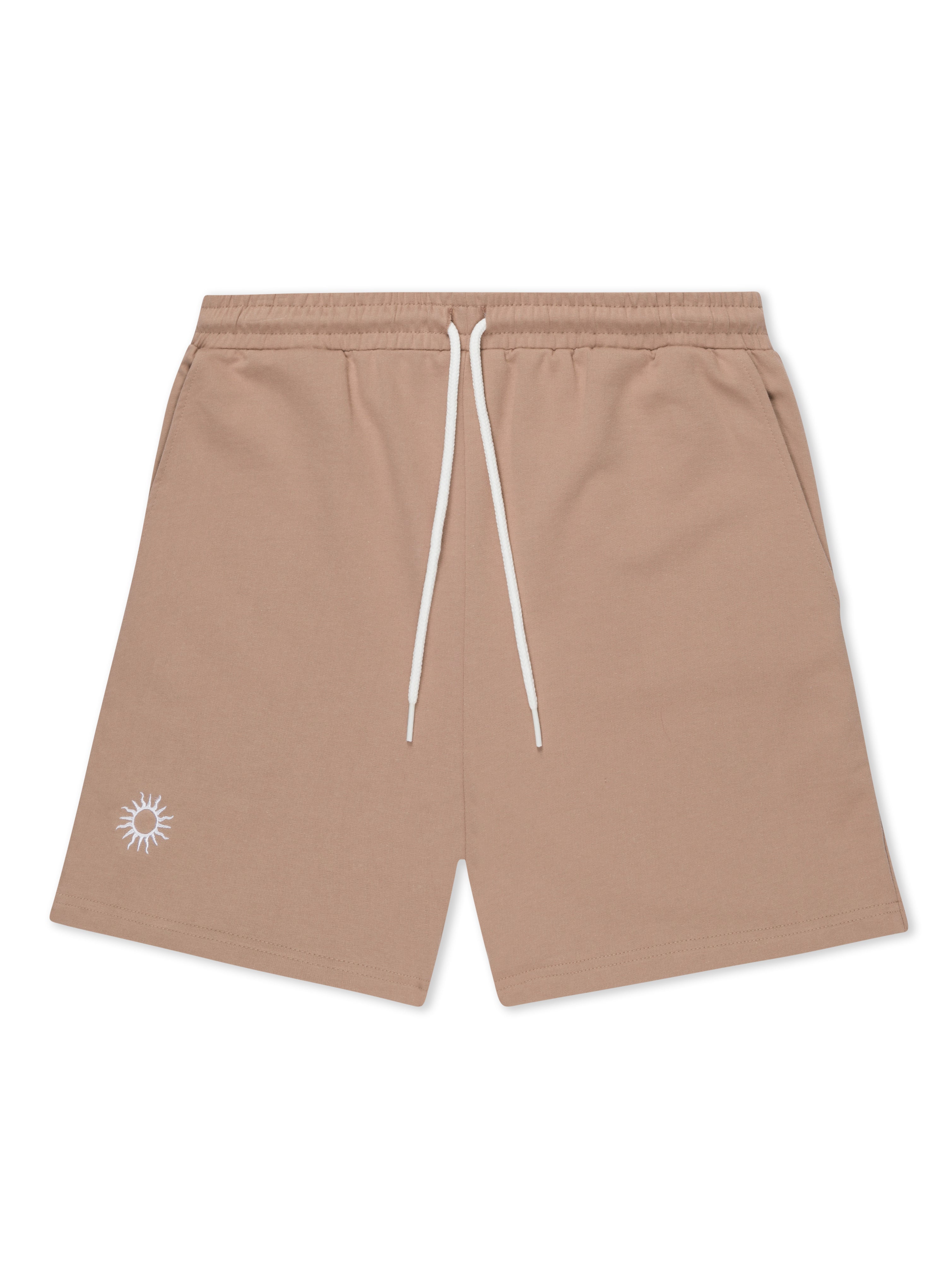 tan coloured 100% cotton gym shorts with pockets, white drawstrings and white embroidered sun logo