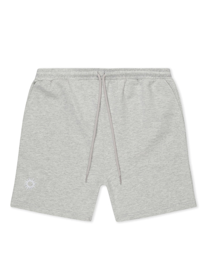 grey cotton retro gym shorts with small sun embroidered on left leg