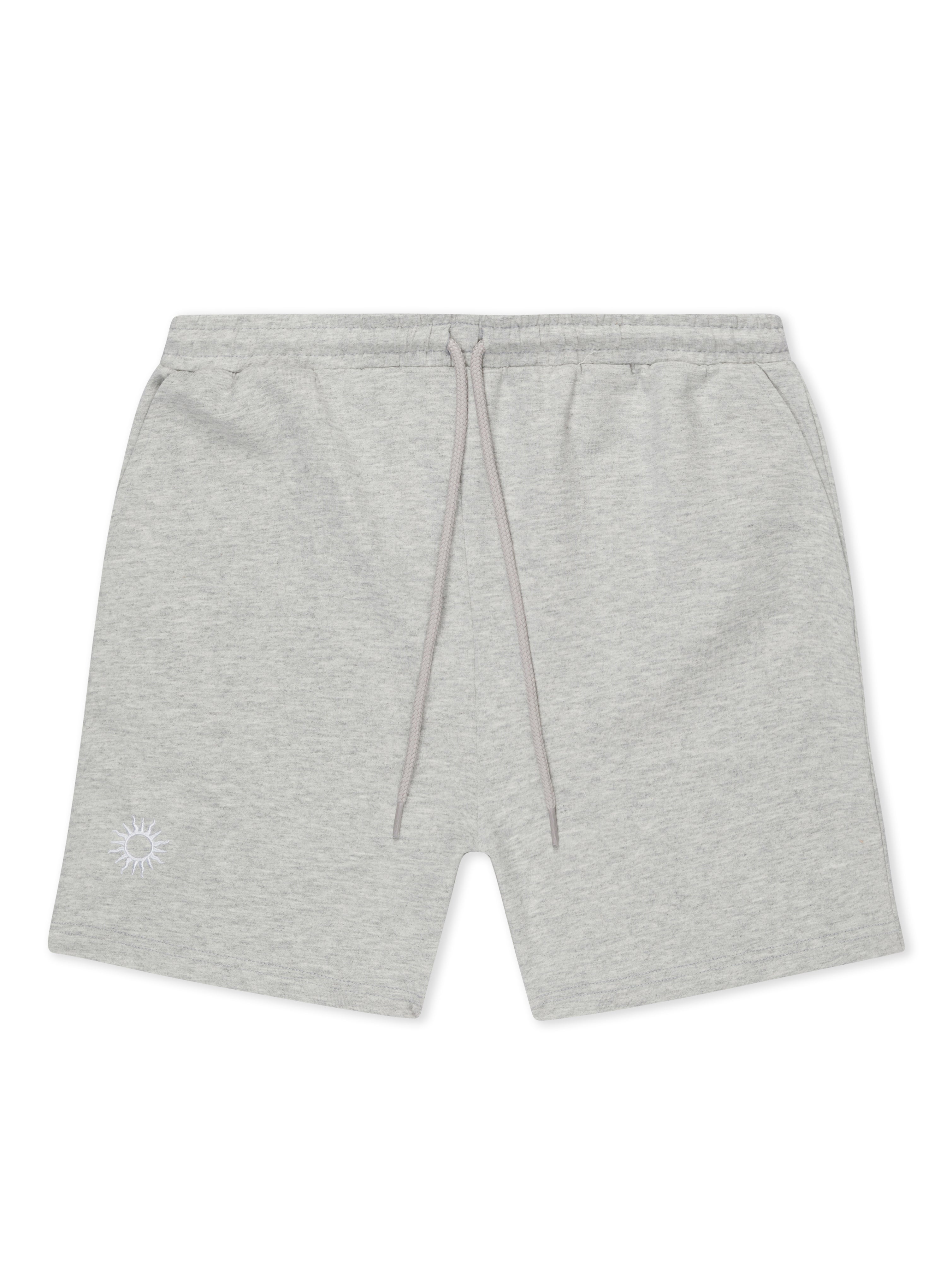 grey cotton retro gym shorts with small sun embroidered on left leg