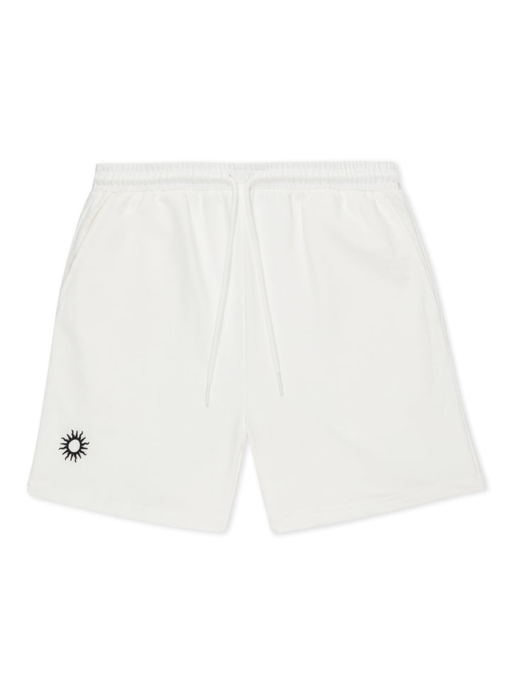 mens white cotton gym shorts with poclets and embroidered sol logo