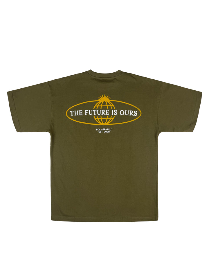 back of green natural cotton tshirt with future is ours text and golden globe logo