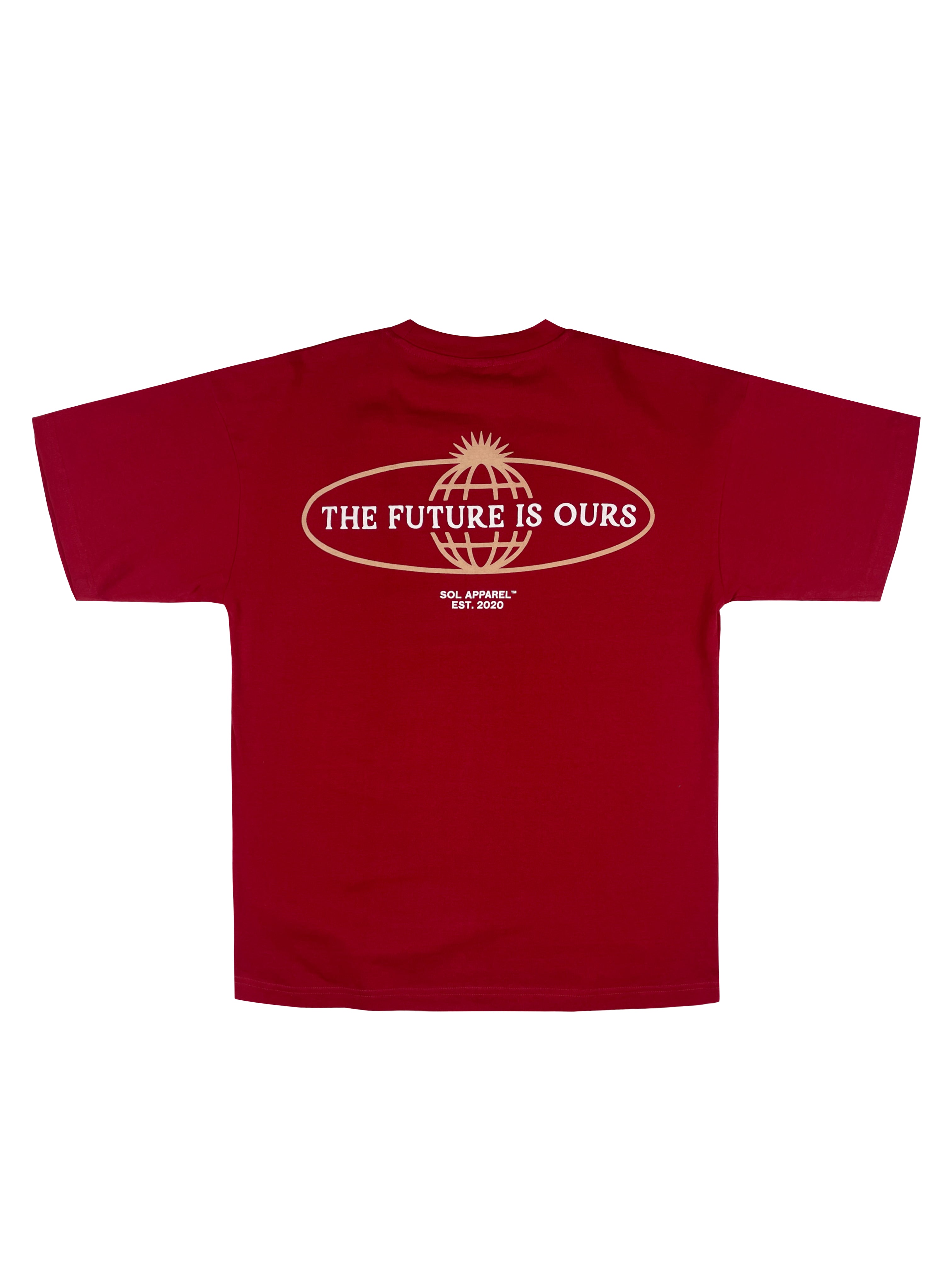 red cotton oversized tee with logo that says the future is ours in white writing
