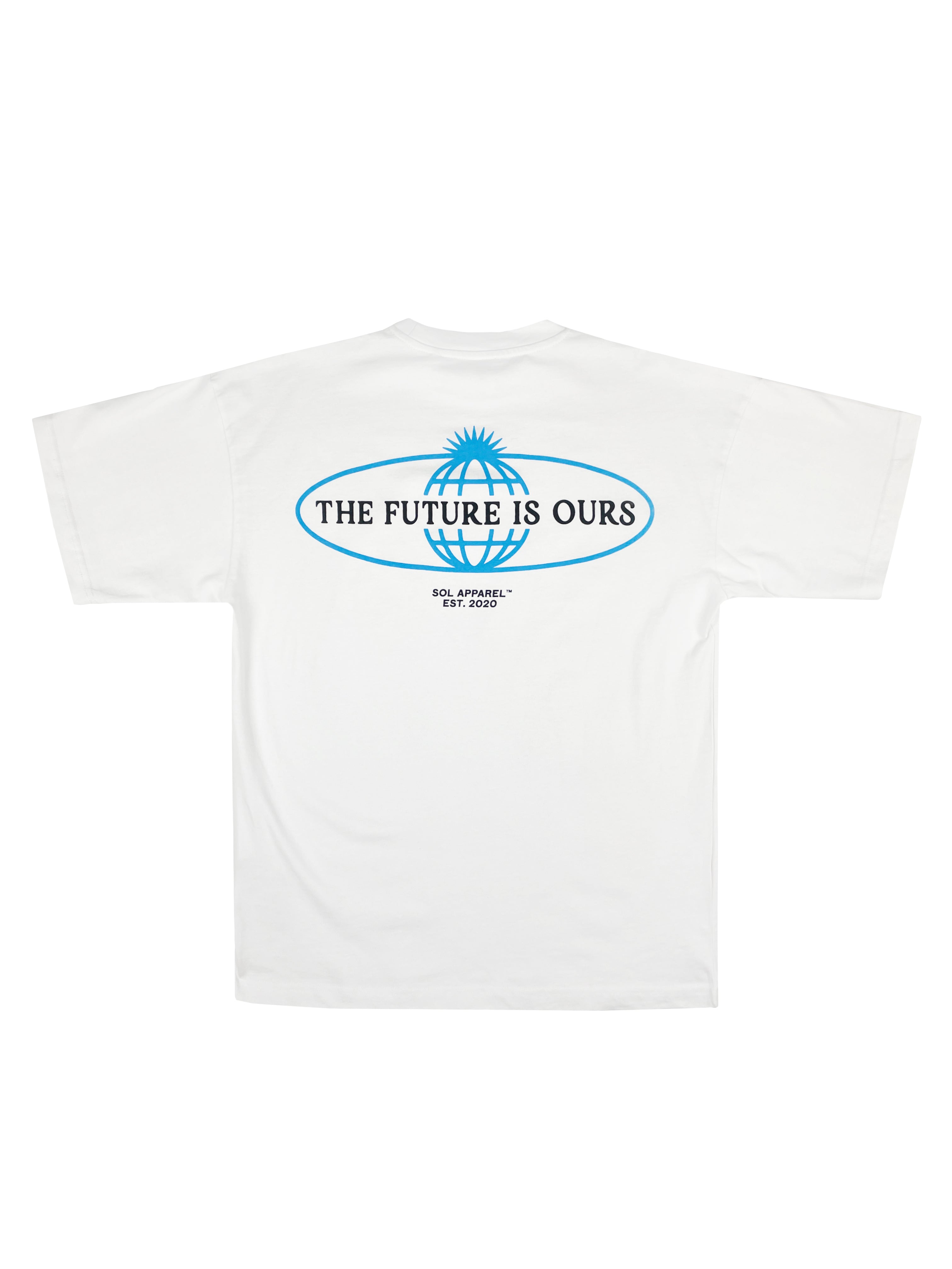 retro cotton gym tshirt with the future is ours printed on the back in black text with a blue globe logo