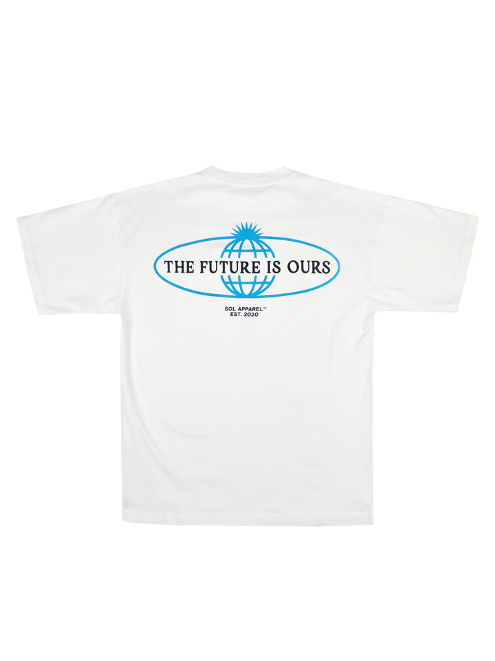 retro cotton gym tshirt with the future is ours printed on the back in black text with a blue globe logo