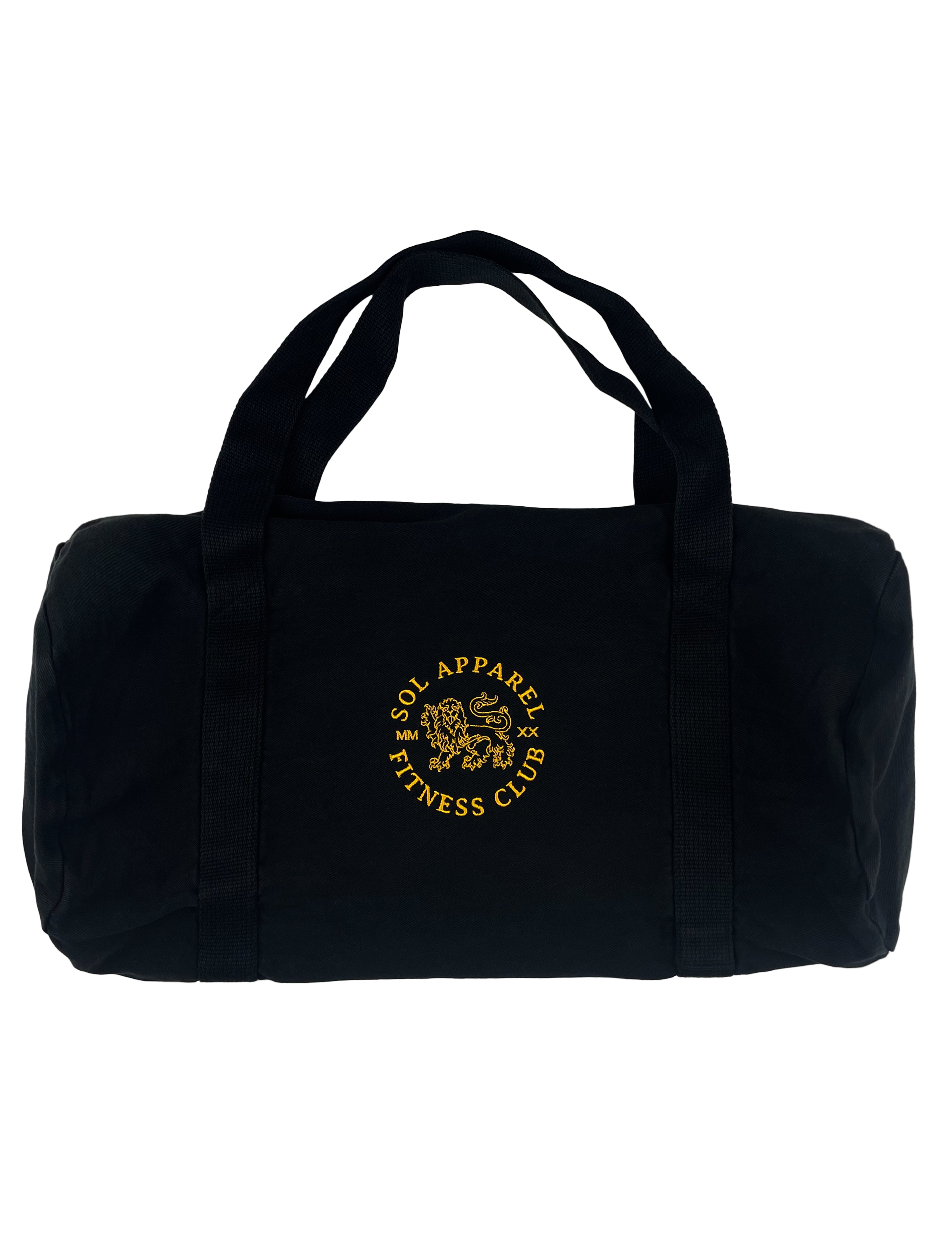 black cotton gym duffel bag with golden embroidered logo of a lion and the words sol apparel fitness club
