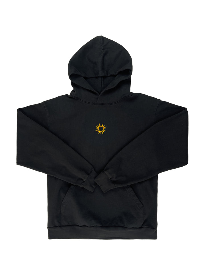 100% cotton hoodie in black with golden sun embroidered in the centre of the chest