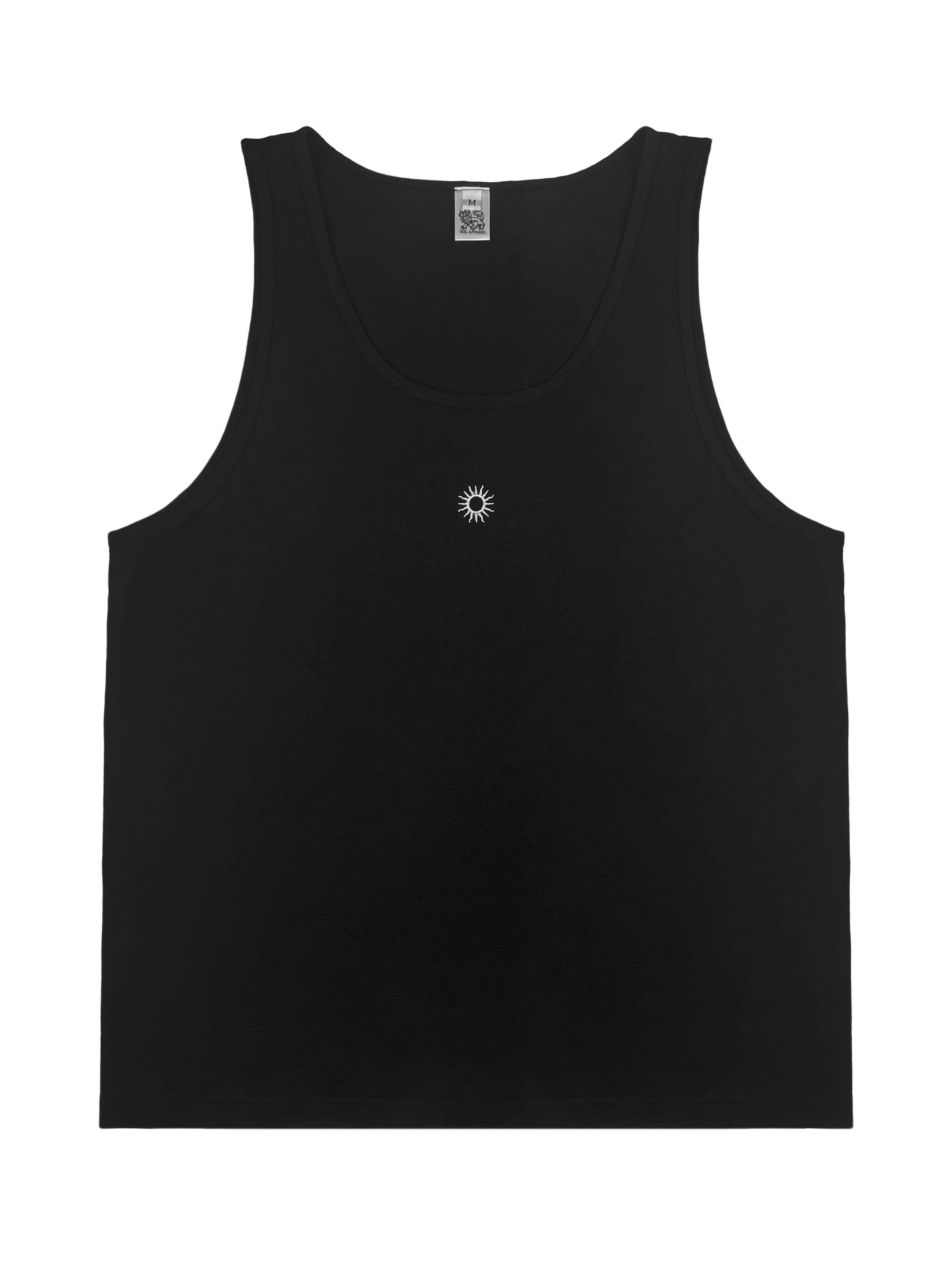 mens 100% cotton gym tank top with white sun logo in the centre