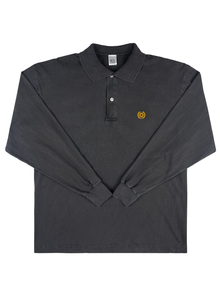 mens black long sleeve polo shirt in cotton with a golden sun embroidered on the left pocket