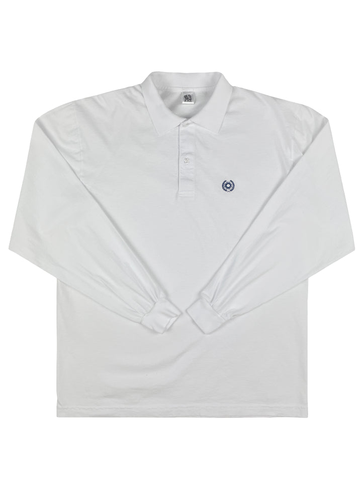 long sleeved white cotton polo shirt for men and women with a sun and laurels embroidered in blue on the left chest