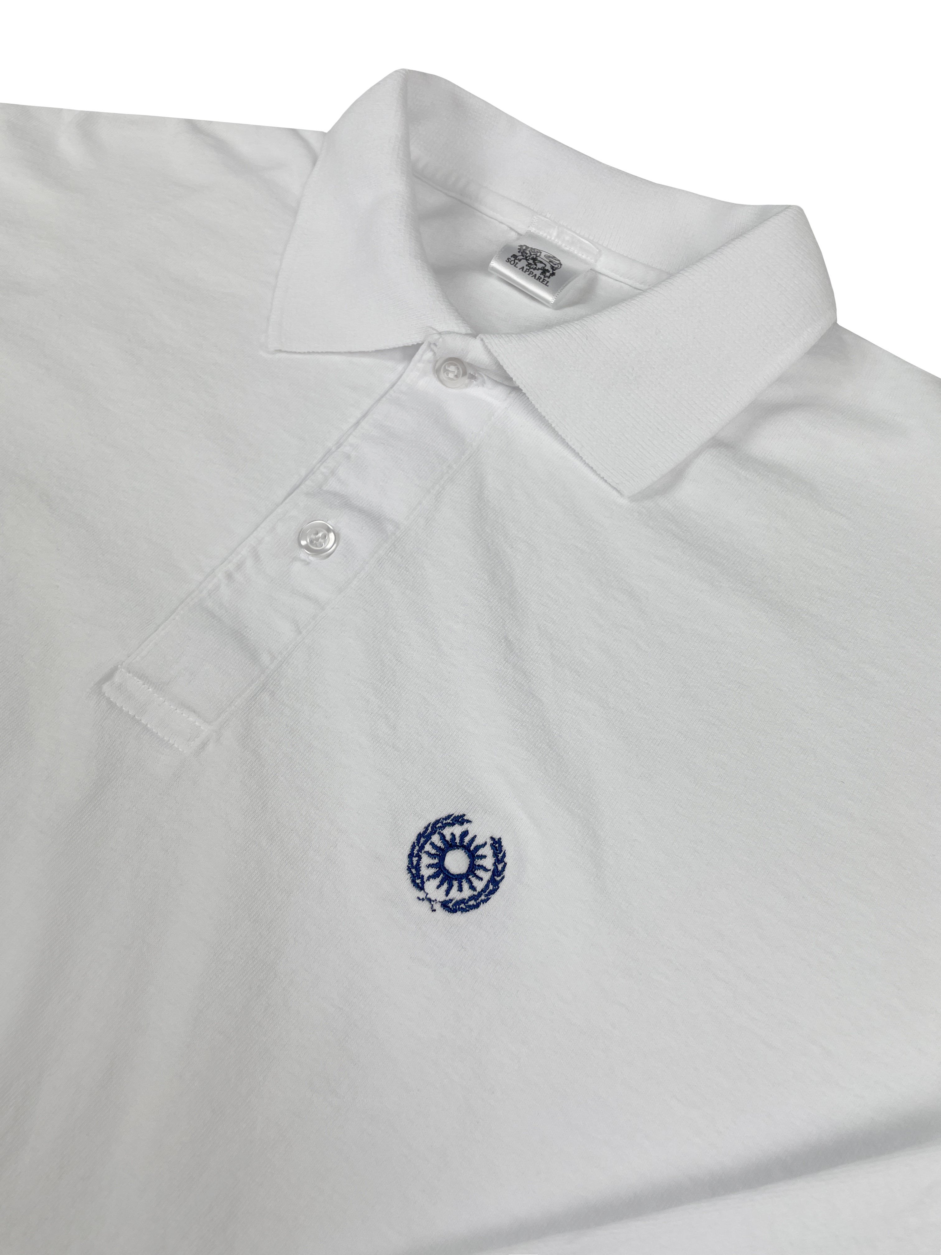 close up of white polo tshirt for men with blue sun and laurels embroidered on the left chest