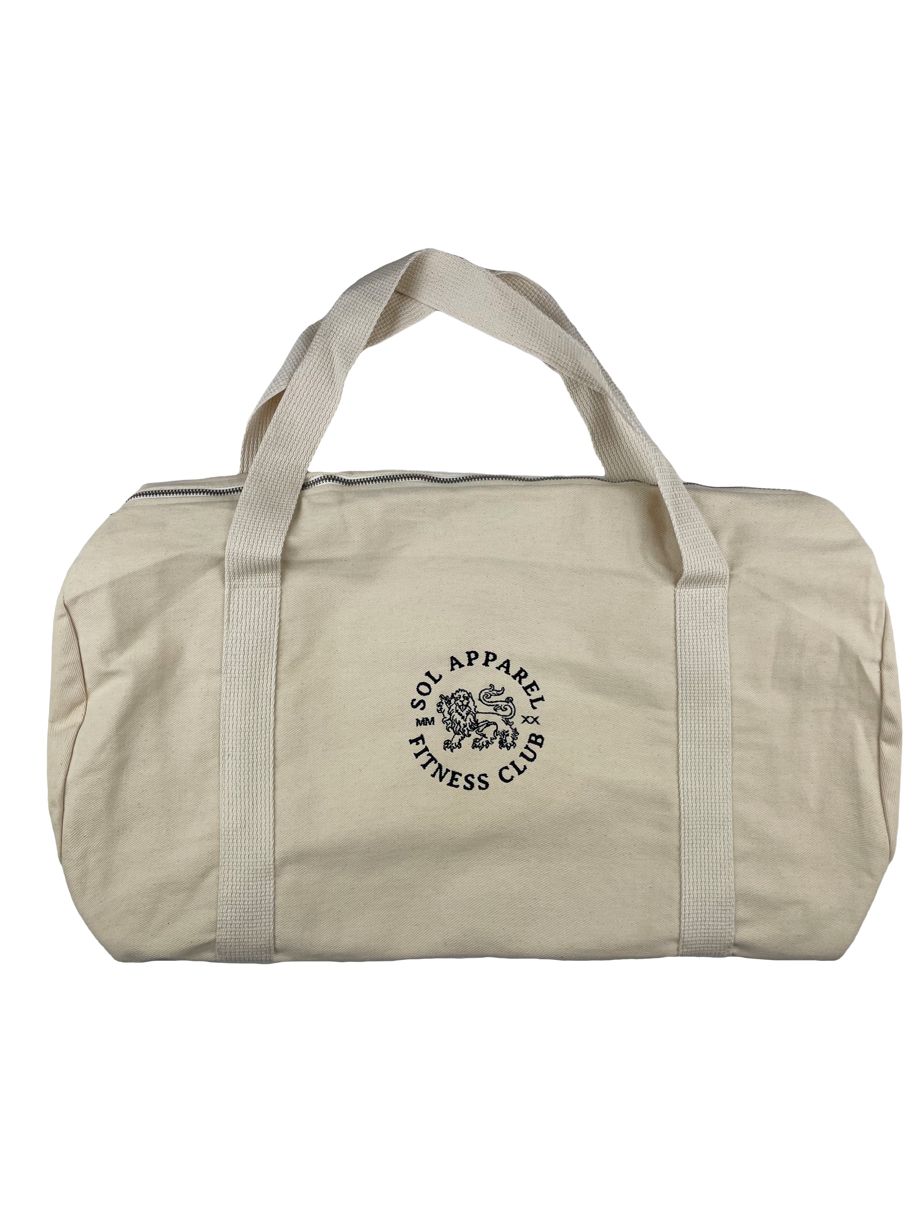 cream colored cotton gym duffel bag with black embroidered logo of a lion and the words sol apparel fitness club