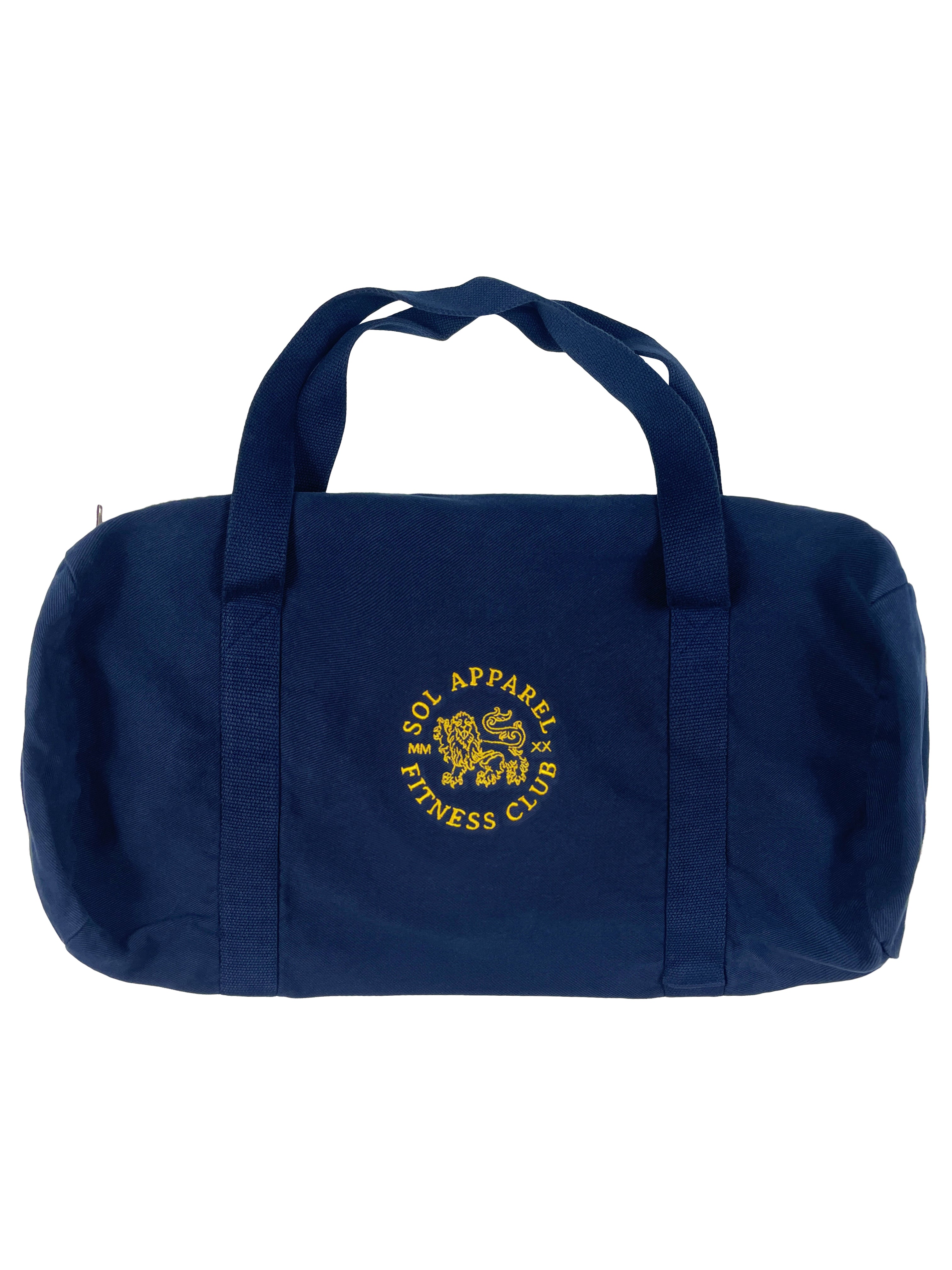navy blue cotton duffel bag for gym with gold logo embroidered on the side of a lion and the text sol apparel fitness club