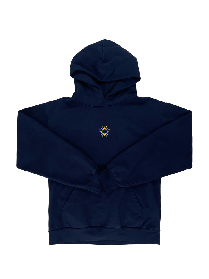 sol apparel cozy navy cotton hoodie with golden sun embroidered in the centre of the chest