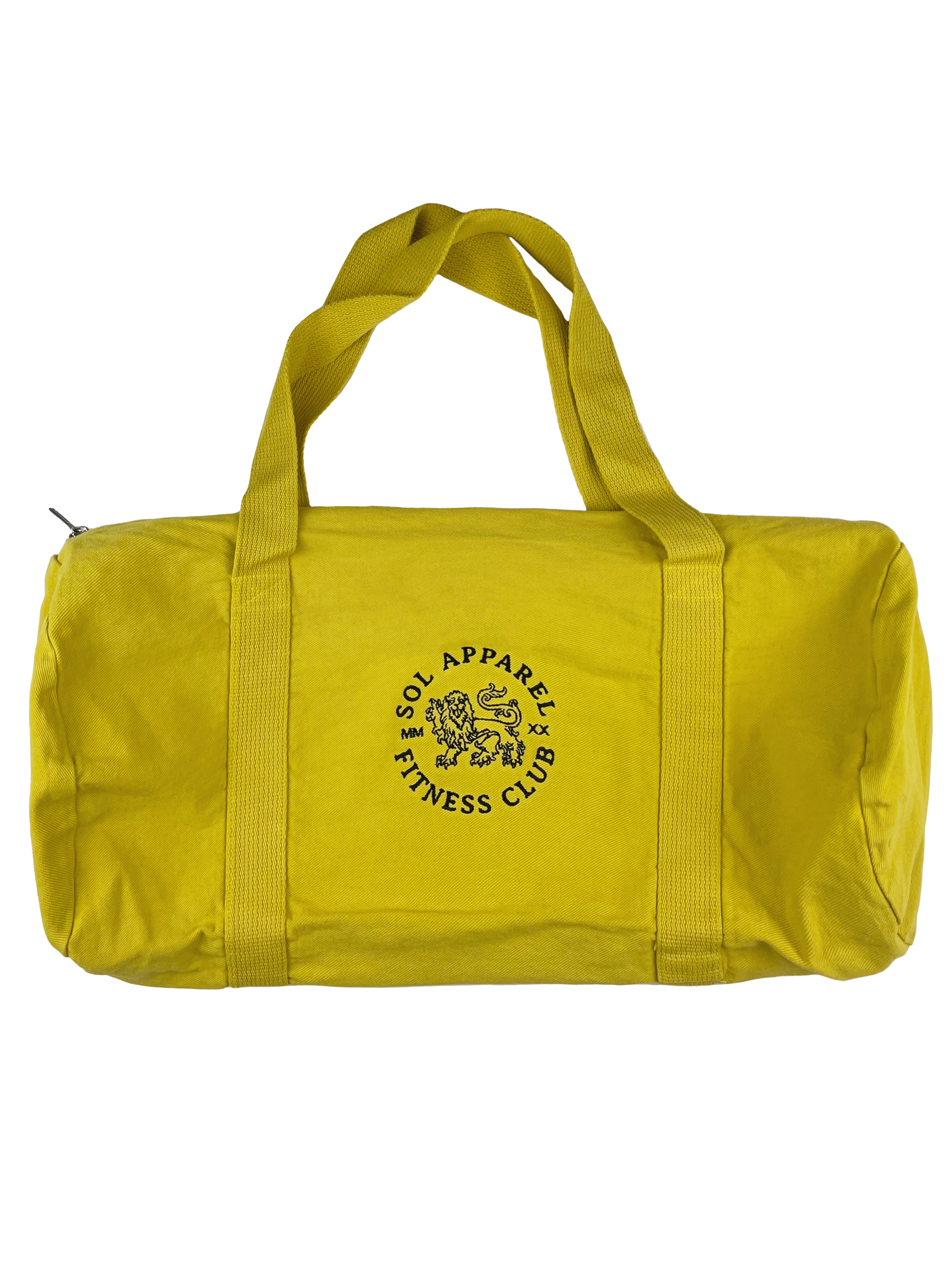 yellow cotton gym duffel bag with black logo of lion and text sol apparel fitness club embroidered on the side